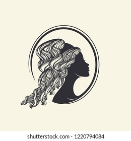 Beautiful woman portrait with elegant curly hairstyle.Greek goddess cameo illustration.Beauty, style and hair salon logo isolated on light background.