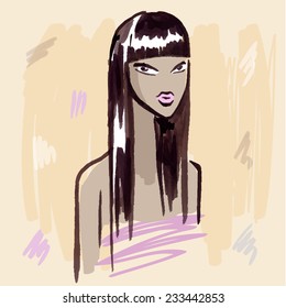 Beautiful Woman Portrait. Fashion girl. Hand drawn vector Illustration.