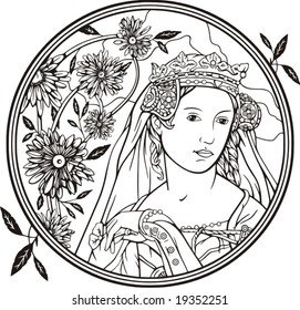 Beautiful woman portrait with floral details, vector series.