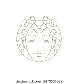 Beautiful woman portrait with flower in hair hand drawn golden circle frame line art logo vector illustration. Botanical blossom female face organic floral plant outline monochrome emblem cosmetics