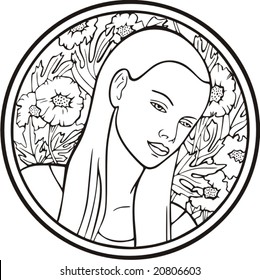 Beautiful woman portrait with flowers, vector series.