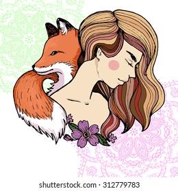 Beautiful woman portrait with a fox and flowers.