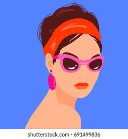 Beautiful woman portrait. Girl dressed in summer vacation style: sunglasses, head scarf, big earrings, bright lipstick. Vector illustration eps 10