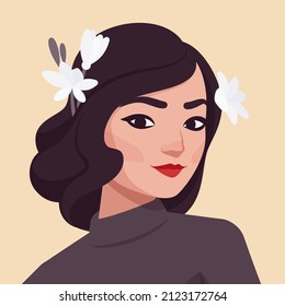 Beautiful woman portrait, girl wearing flower hair accessory. Smart attractive modern female social media profile picture. Vector flat style creative illustration, beige background