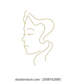 Beautiful woman portrait golden line art profile silhouette minimal icon vector illustration. Female gentle face with hair feminine print for beauty logo skin care medical cosmetic brand