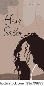 Beautiful Woman Portrait Hair Salon Poster Advertising Social Media Banner Instagram Stories On Abstract Background Memphis Style Beige Brown Beauty Vector Design