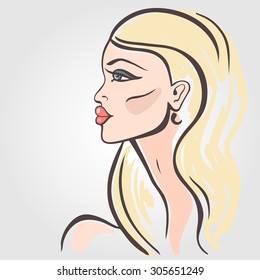 Beautiful Woman Portrait. Hand drawn fashion illustration. 