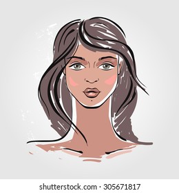 Beautiful Woman Portrait. Hand drawn fashion illustration. 