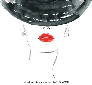 Beautiful woman portrait with hat. abstract vector fashion illustration