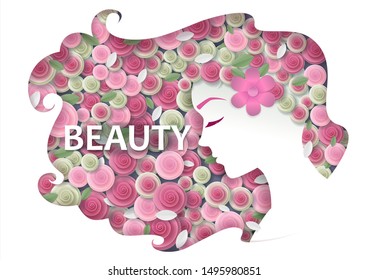 Beautiful woman portrait with long wavy floral hair, vector illustration in modern paper art style. Hair salon logo, business card template. Beauty and fashion, hairstyles concept.