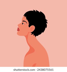 Beautiful woman portrait.  Profile of a young female with short black hair. Vector illustration