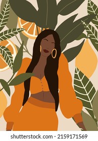 Beautiful Woman Portrait in Tropical Leaves. Feminine Canvas Print. Abstract Afro American woman in fashion dress. Tropical leaves and Citrus fruits background. Modern minimalist glamour female poster