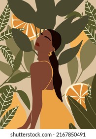 Beautiful Woman Portrait in Tropical Leaves. Feminine Canvas Print. Abstract  woman. Tropical leaves and Citrus fruits background. Modern minimalist glamour female poster