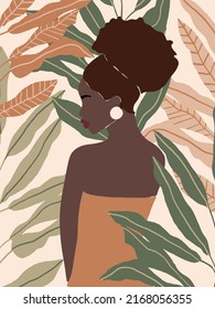 Beautiful Woman Portrait in Tropical Leaves. Feminine Canvas Print. Abstract  woman. Tropical leaves background. Modern minimalist glamour female poster