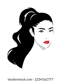 beautiful woman portrait wavy hair ponytail. red lips. silhouette vector. isolated white background.