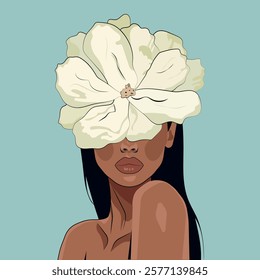 A beautiful woman poses with a large flower on her head covering her face. Vector.