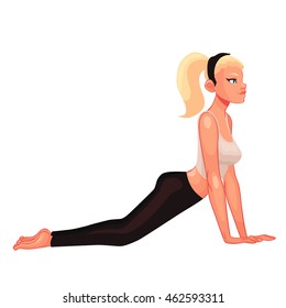 beautiful woman in poses of yoga, cartoon style vector illustration isolated on white background. Beautiful blond young woman, yoga poses asanas, healthy lifestyle