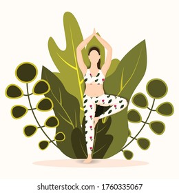 Beautiful woman posing for the yoga asana on the international day of yoga. In this vector graphic girl in a standing position, doing yoga in the garden,  outdoor with floral yoga clothes.