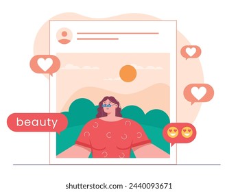 Beautiful woman is posting on social media accounts. Character design. Vector flat illustration
