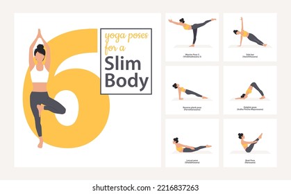 Beautiful woman practice yoga. Yoga poses. Set of yoga asanas for a slim body. Yoga sequence vector design.