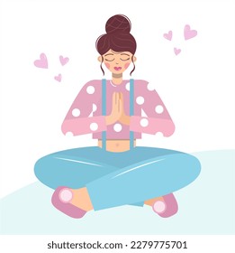 A beautiful woman practices yoga in the lotus position. The girl is meditating or praying. Flat vector isolated on white background. The concept of experiences, suffering, faith in a brighter future