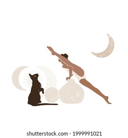  Beautiful woman practicing yoga with cat. Yoga spiritual illustration. Woman, sun, moon and cat