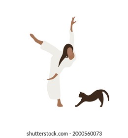 Beautiful woman practicing yoga with cat isolated on white background. Girl dancing . Concept flat vector illustration. 