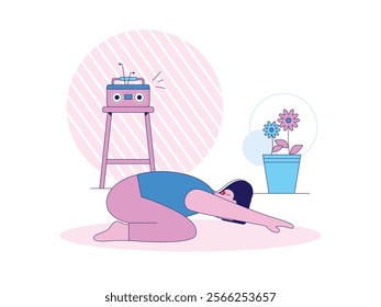 Beautiful woman practicing yoga and flexibility at home, with relaxing radio music. Character design. Vector flat illustration