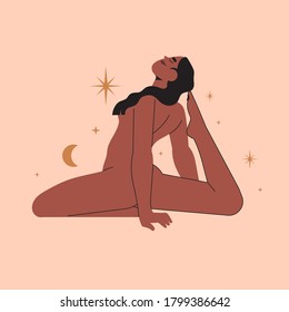 Mujer hermosa practicando yoga, estiramientos o ejercicio en estilo boho minimalista con cuerpos celestes. Plantilla de impresión de moda para afiches, logotipos, emblemas. Figura femenina saludable.