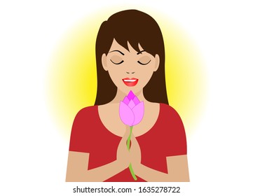 Beautiful woman praying with eyes closed, holding pink lotus flower in hands. Isolated on white background. Vector Illustration. Idea for meditation and Buddhism concept.