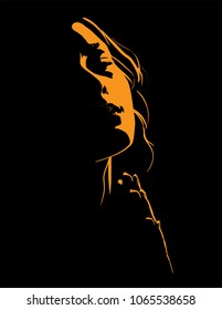 Beautiful woman praying. Girl Portrait. Silhouette in contrast backlight. Vector. Illustration.