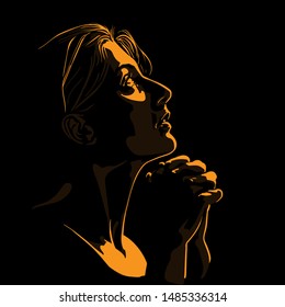 Beautiful woman praying. Girl Portrait. Silhouette in contrast backlight. Vector. Illustration.