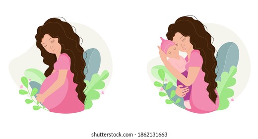 Beautiful woman pregnant and holding baby in her arms. Motherhood concept. Vector illustration.