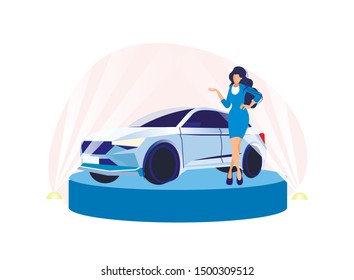 Beautiful Woman Presenters Model of Motor Show Isolated on White Background, Fashionable Slim Long Haired Girl on High Heels Stand Presenting on Podium with Luxury Car Cartoon Flat Vector Illustration