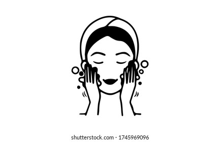 Beautiful woman in process of washing face. icon isolated on white background. Vector illustration in flat style.