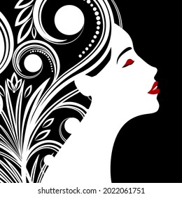 Beautiful woman profile. Beauty face with floral hair made of curls, red lips. Vector illustration with place for your text.