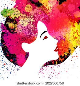 Beautiful woman profile. Beauty face with multicolored splashes hair made of splashes of paint, red lips. Vector illustration with place for your text.