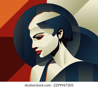 Beautiful woman profile portrait in 1920s Art Deco style in abstract angular geometric decoration