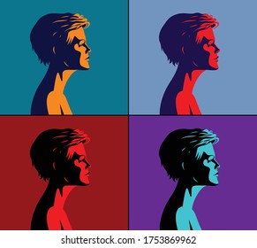 Beautiful woman profile set in different colors vector art.