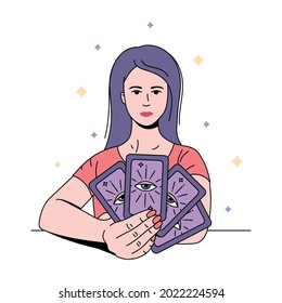 Beautiful woman prophetess, fortune-teller  holding tarot cards. Colour line vector illustration. Boho style for icon, logotype, avatar, tattoo, poster, print design 