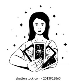 Schöne Frauenprophetess, die Tarot-Karten hält. Umfassende schwarze Vektorgrafik. Boho-Stil für Symbol, Logotyp, Avatar, Tattoo, Poster, Print-Design 