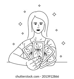 Beautiful woman prophetess  holding tarot cards. Outline black vector illustration. Boho style for icon, logotype, avatar, tattoo, poster, print design 