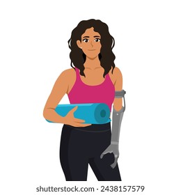 Beautiful woman with prosthetic arm holding yoga mat ready to workout. Flat Vector Illustration Isolated on White Background