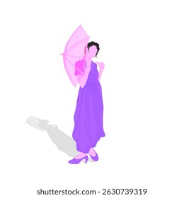 beautiful woman in purple dress holding red umbrella on white background