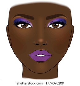 Beautiful woman with purple lipstick blue glitter eye shadow and blush brown skin foundation