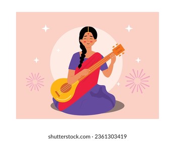 Hermosa mujer con traje tradicional indio morado sentada y tocando el sitar, tocando música tranquila en el festival. Diseño de caracteres. Ilustración plana del vector