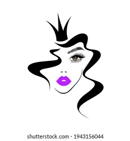 Beautiful woman queen with crown, face with brown eyes,  purple lips, black curly hair, hair salon sign, spa icon. Beauty Logo. Vector illustration. Hand drawing style