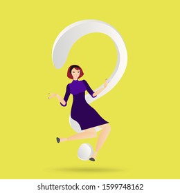 Beautiful woman with question sign, giving help, cartoon  vector illustration, answers and questions decoration. FAQ  presenting.