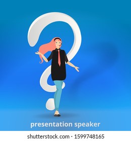 Beautiful woman with question sign, giving help, cartoon  vector illustration, answers and questions decoration. FAQ  presenting.