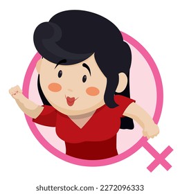 Beautiful woman with raised fist, long black hair, blush and red dress, inside female symbol in cartoon style.